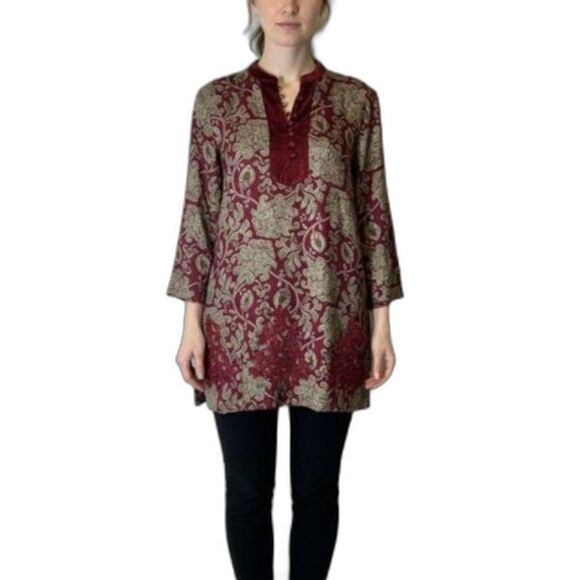 Soft Surroundings Wine Floral Paisley Velvet Embroidered Boho LS Tunic Top Sz L - Picture 1 of 13